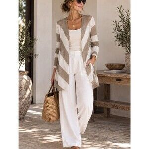 360 SWEATER Women’s M 100% Linen Chevron Striped Cardigan Layering resort wear